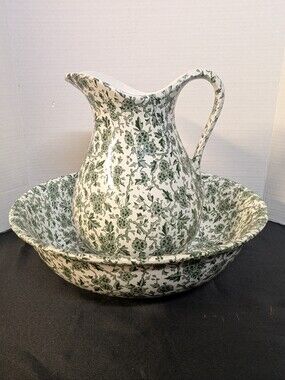 Burleigh Arden Green Transferware Staffordshire England Bowl Water  Jug Basin